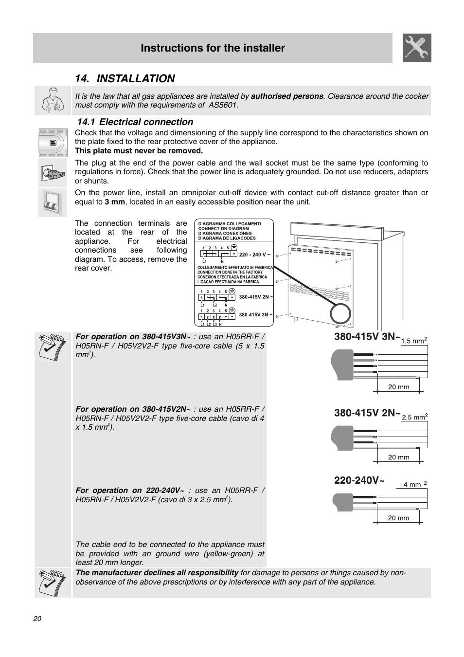 Installation, 1 electrical connection, Instructions for the installer | Smeg SA62MFX5 User Manual | Page 18 / 24