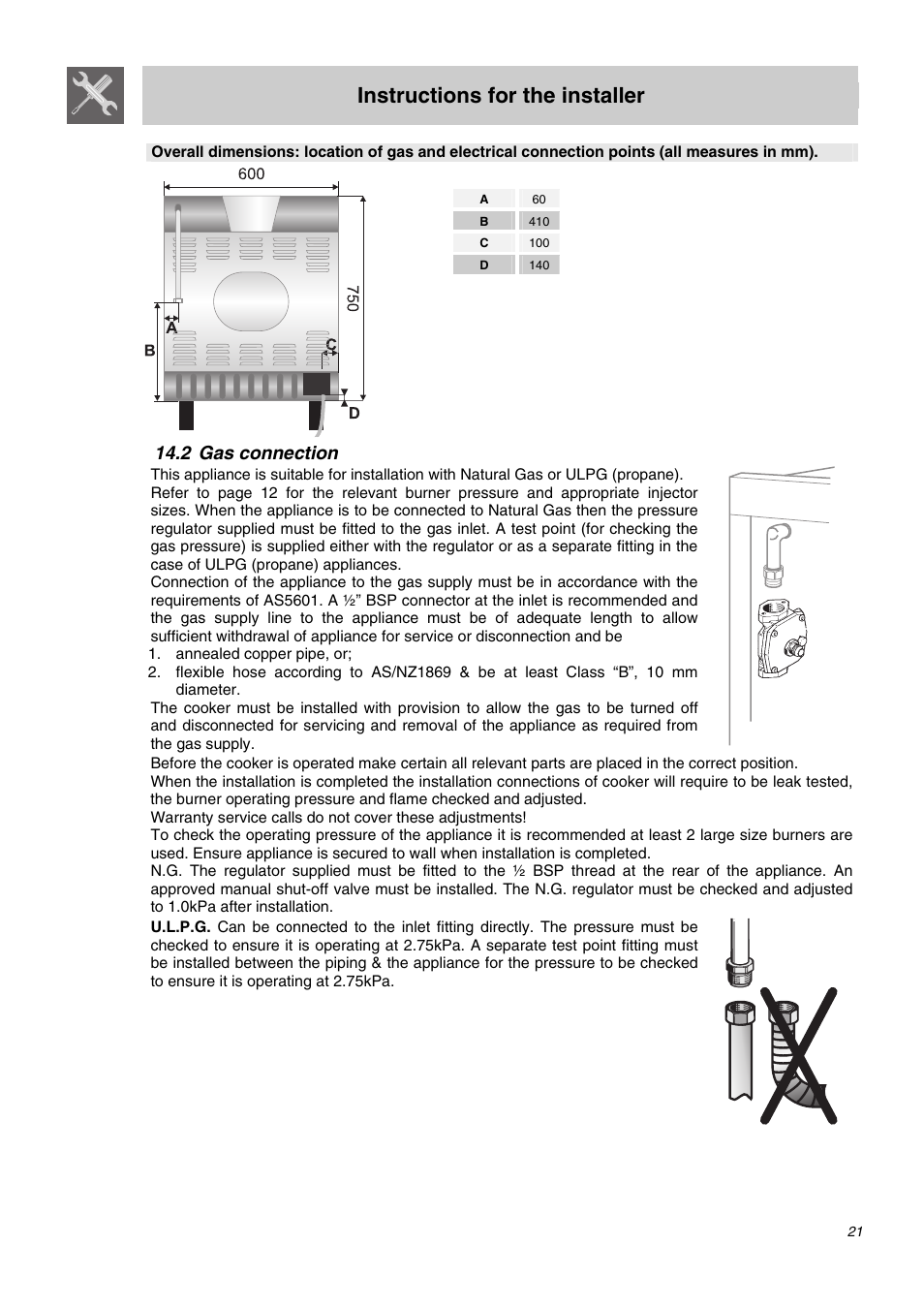2 gas connection, Instructions for the installer | Smeg SA62MFX5 User Manual | Page 19 / 24