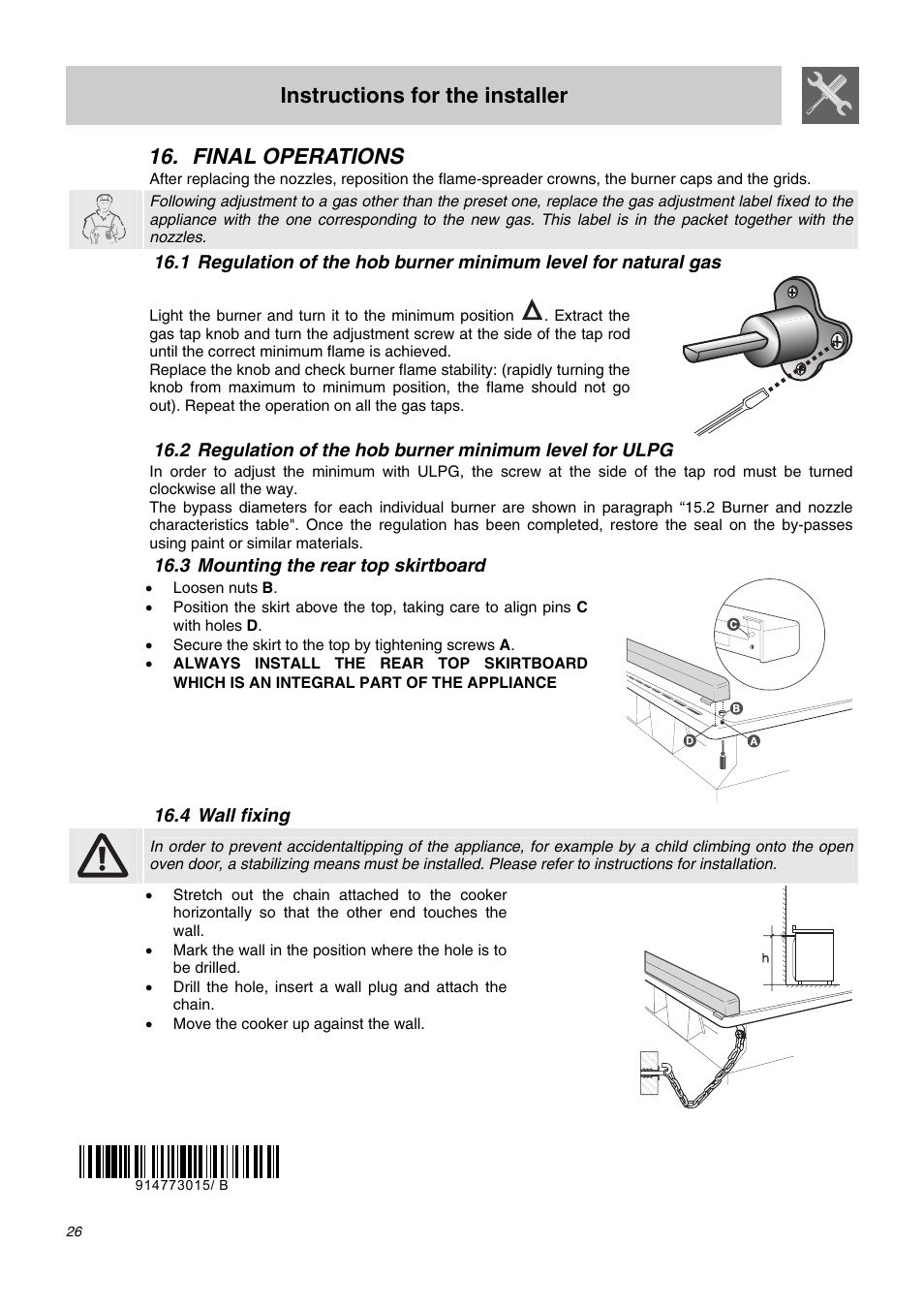 Final operations, 3 mounting the rear top skirtboard, 4 wall fixing | Instructions for the installer | Smeg SA62MFX5 User Manual | Page 24 / 24