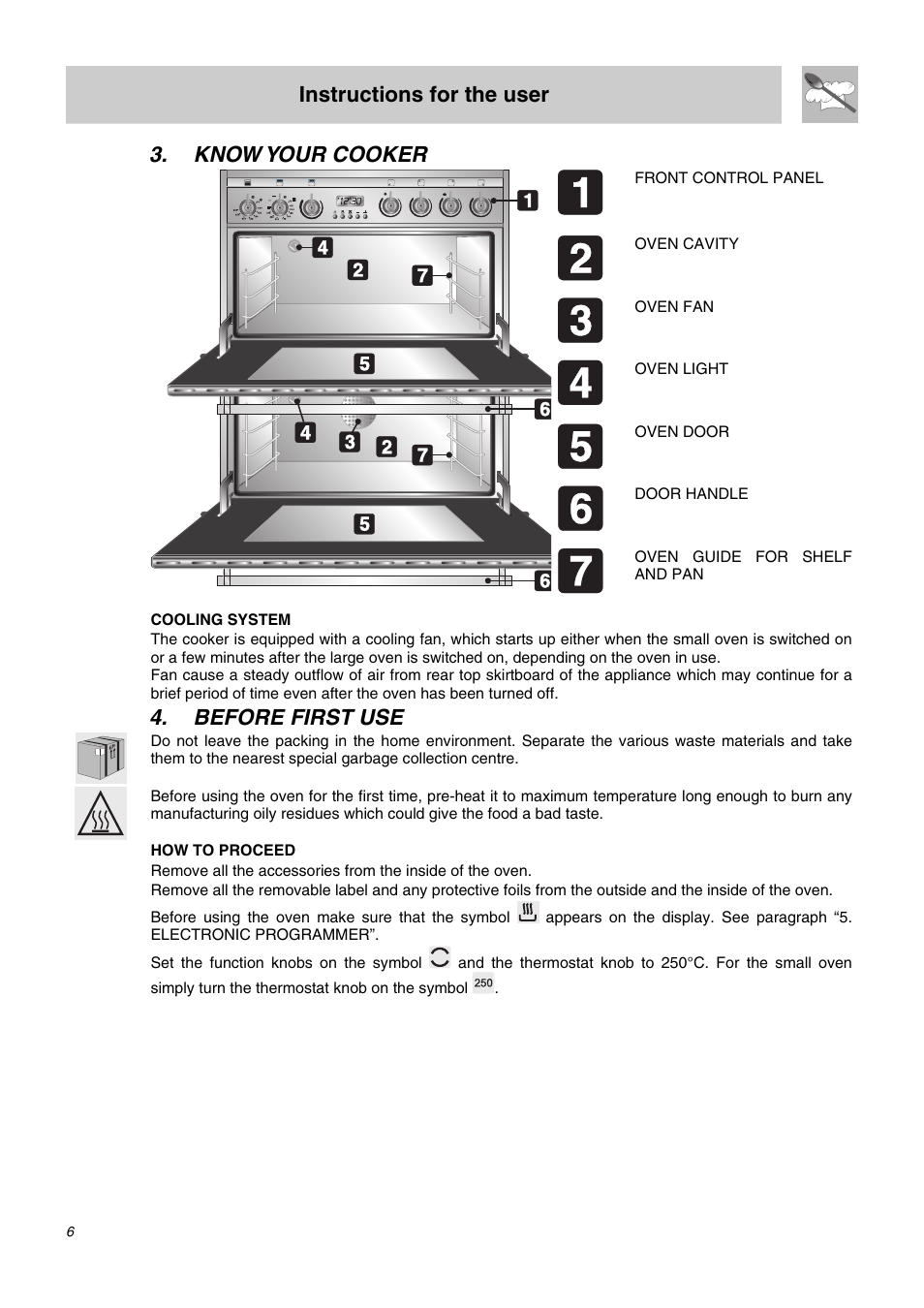 Know your cooker, Before first use, Instructions for the user | Smeg SA62MFX5 User Manual | Page 4 / 24