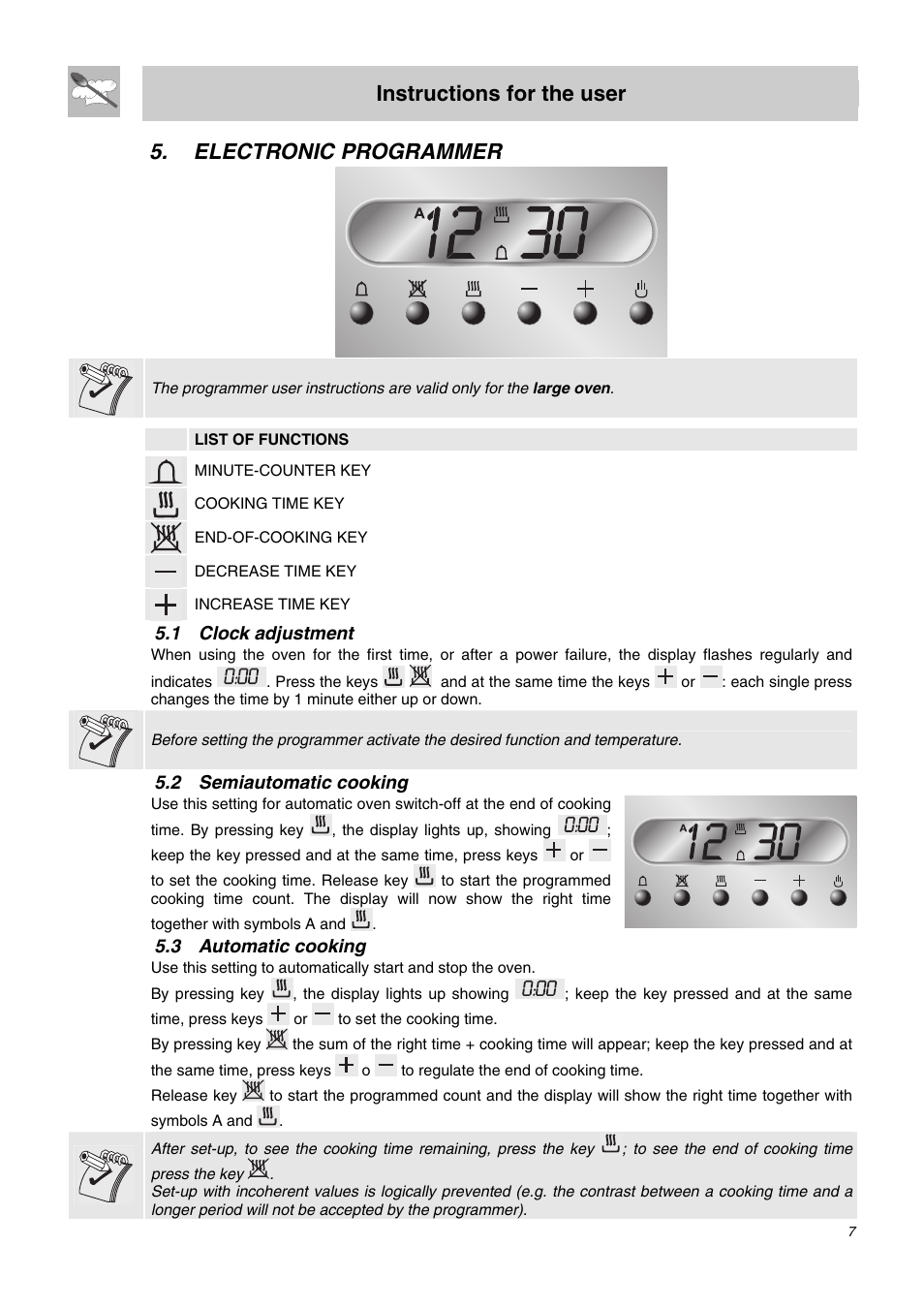 Electronic programmer, 1 clock adjustment, 2 semiautomatic cooking | 3 automatic cooking, Instructions for the user | Smeg SA62MFX5 User Manual | Page 5 / 24
