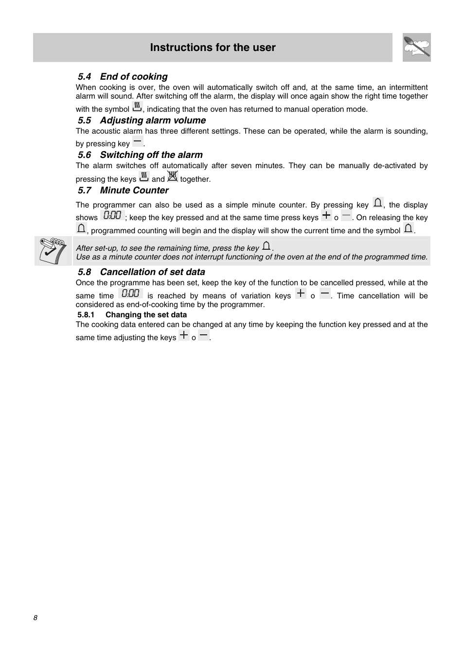 4 end of cooking, 5 adjusting alarm volume, 6 switching off the alarm | 7 minute counter, 8 cancellation of set data, 1 changing the set data, Instructions for the user | Smeg SA62MFX5 User Manual | Page 6 / 24