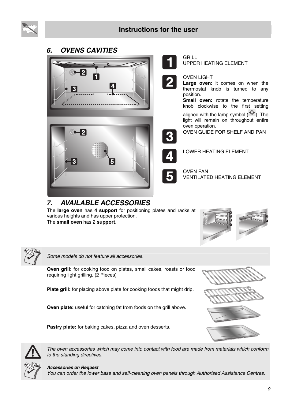 Ovens cavities, Available accessories, Instructions for the user | Smeg SA62MFX5 User Manual | Page 7 / 24