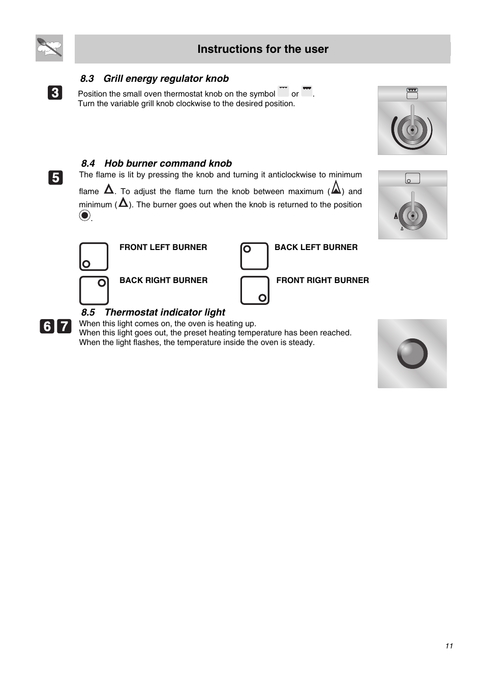 3 grill energy regulator knob, 4 hob burner command knob, 5 thermostat indicator light | Instructions for the user | Smeg SA62MFX5 User Manual | Page 9 / 24