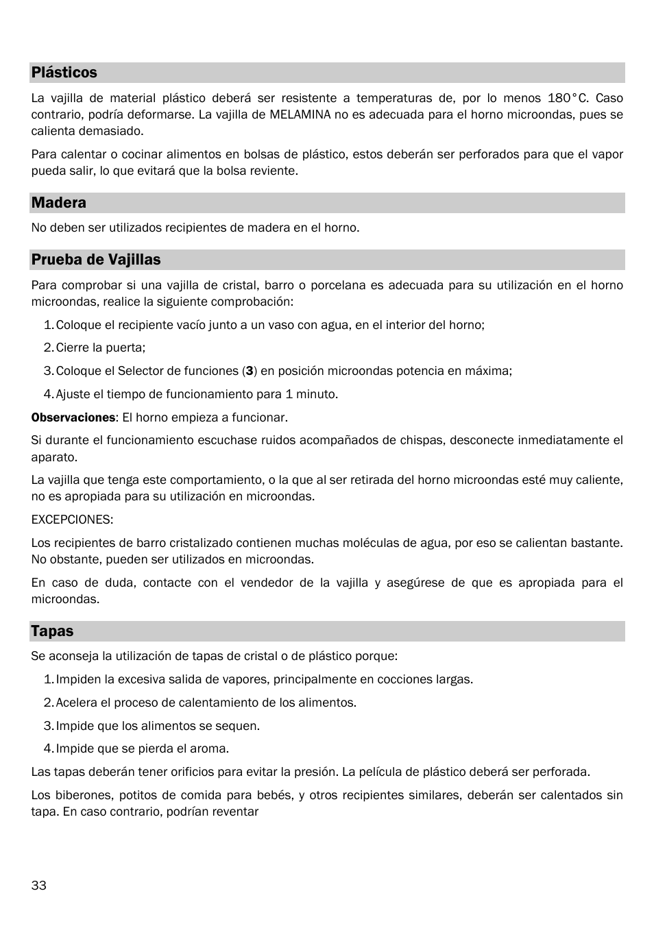 Plásticos, Madera, Prueba de vajillas | Tapas | Smeg FME20EX1 User Manual | Page 107 / 155