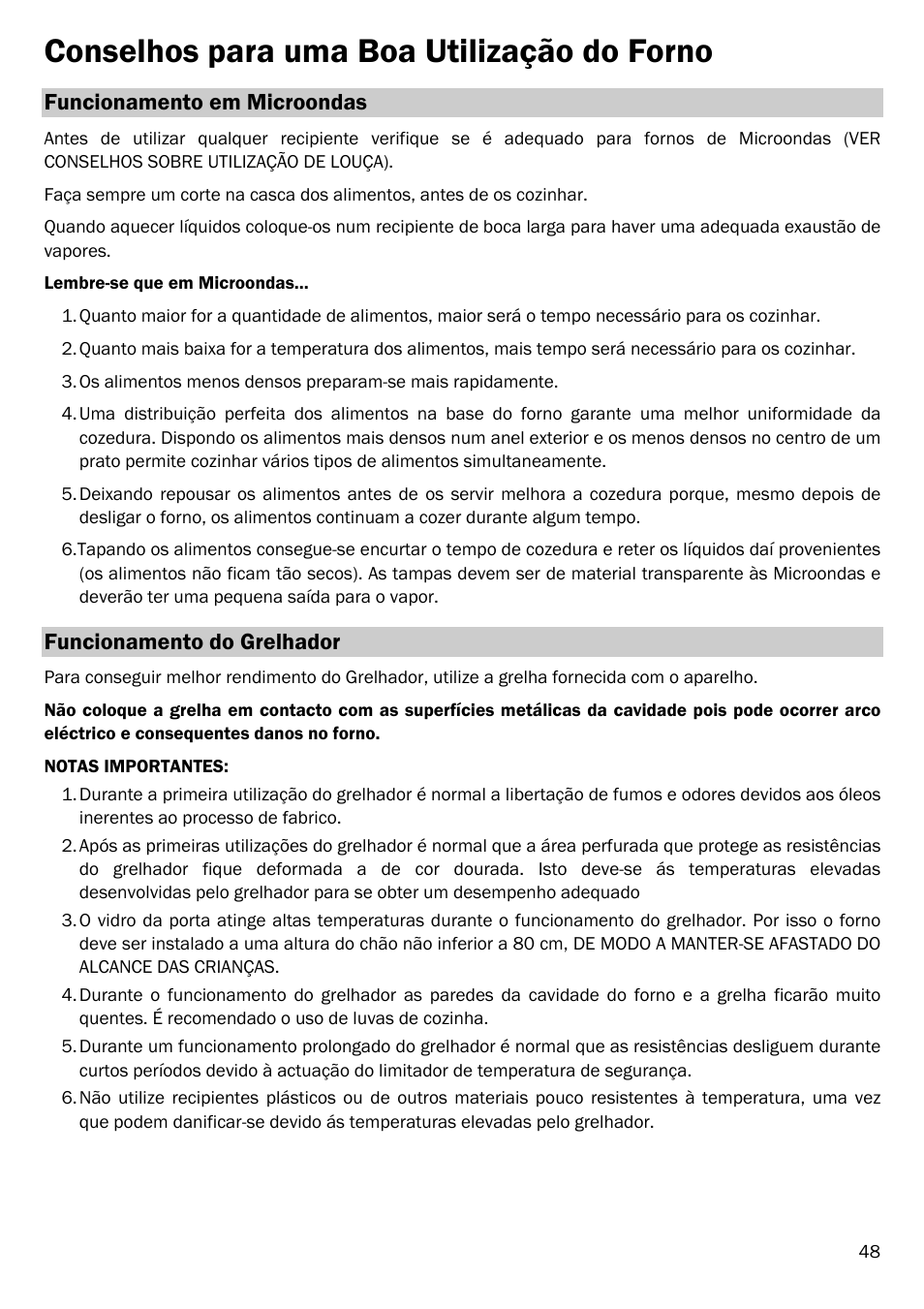 Conselhos para uma boa utilização do forno, Funcionamento em microondas, Funcionamento do grelhador | Smeg FME20EX1 User Manual | Page 122 / 155