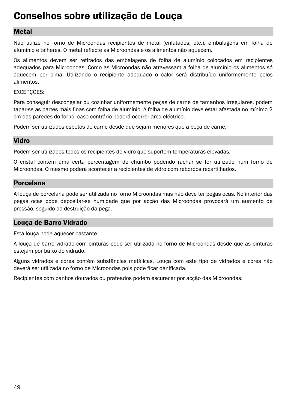 Conselhos sobre utilização de louça, Metal, Vidro | Porcelana, Louça de barro vidrado | Smeg FME20EX1 User Manual | Page 123 / 155
