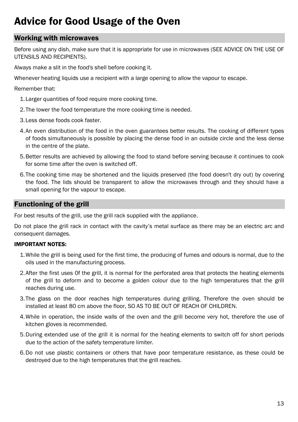 Advice for good usage of the oven, Working with microwaves, Functioning of the grill | Smeg FME20EX1 User Manual | Page 17 / 155