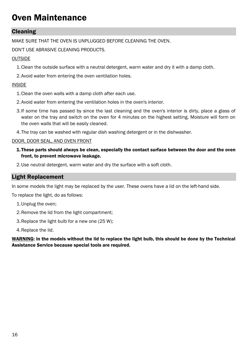 Oven maintenance, Cleaning, Light replacement | Smeg FME20EX1 User Manual | Page 20 / 155