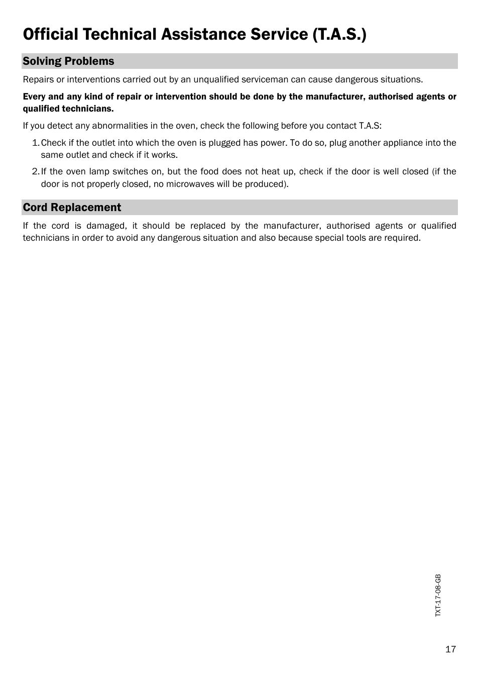 Official technical assistance service (t.a.s.), Solving problems, Cord replacement | Smeg FME20EX1 User Manual | Page 21 / 155