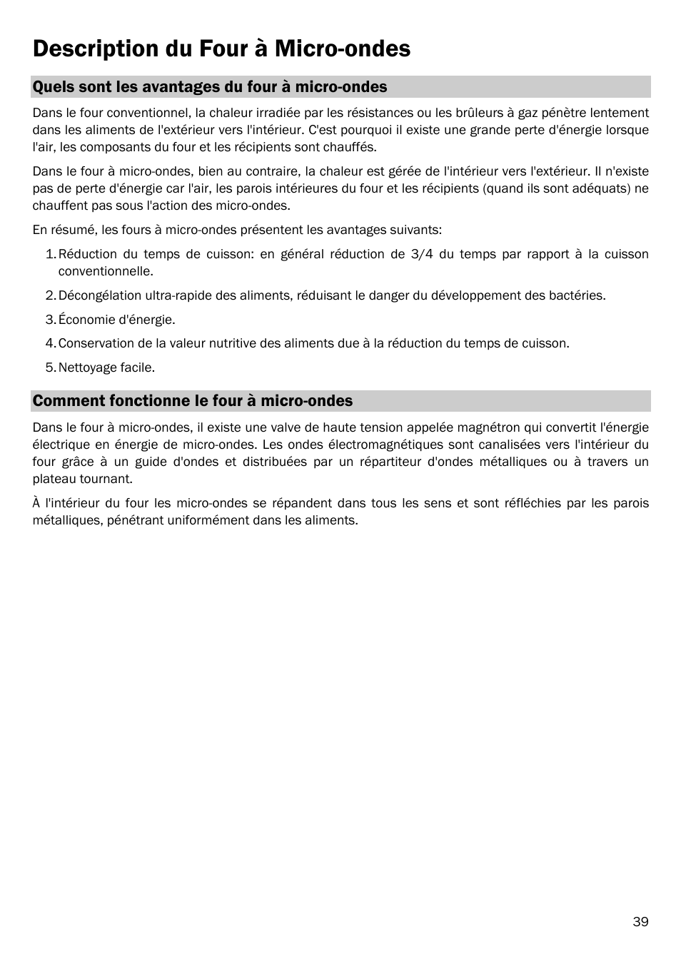 Description du four à micro-ondes, Quels sont les avantages du four à micro-ondes, Comment fonctionne le four à micro-ondes | Smeg FME20EX1 User Manual | Page 43 / 155
