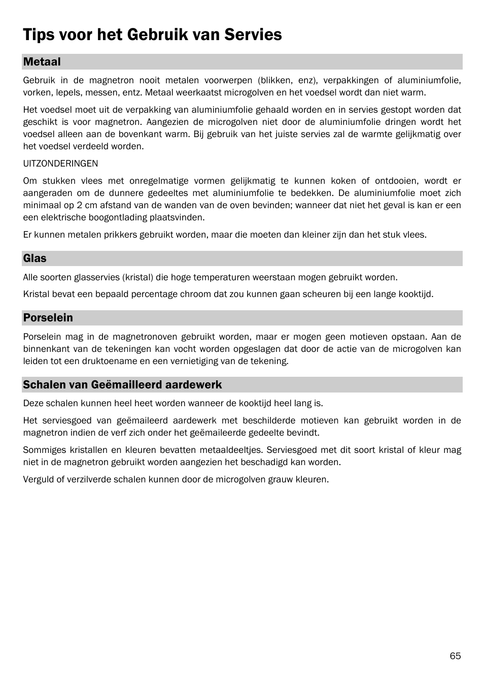 Tips voor het gebruik van servies | Smeg FME20EX1 User Manual | Page 69 / 155