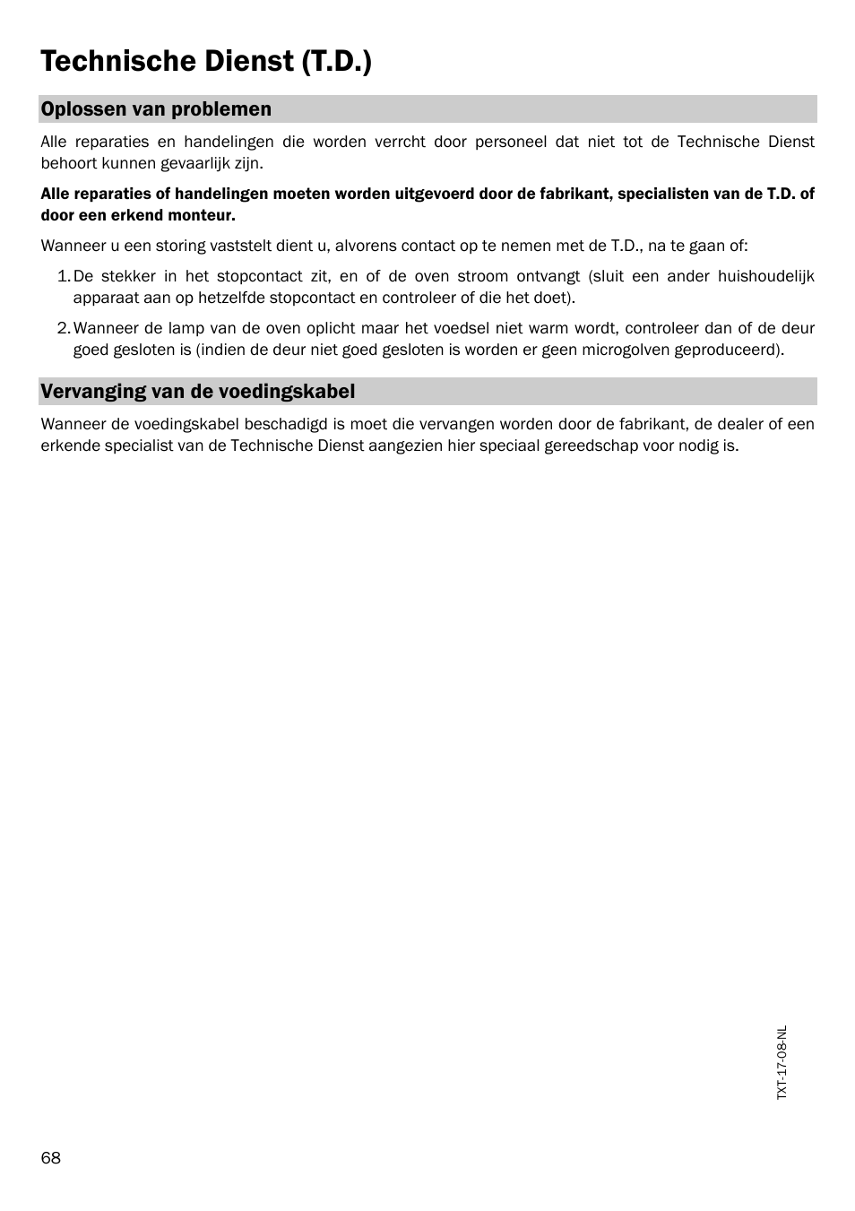 Technische dienst (t.d.), Oplossen van problemen, Vervanging van de voedingskabel | Smeg FME20EX1 User Manual | Page 72 / 155