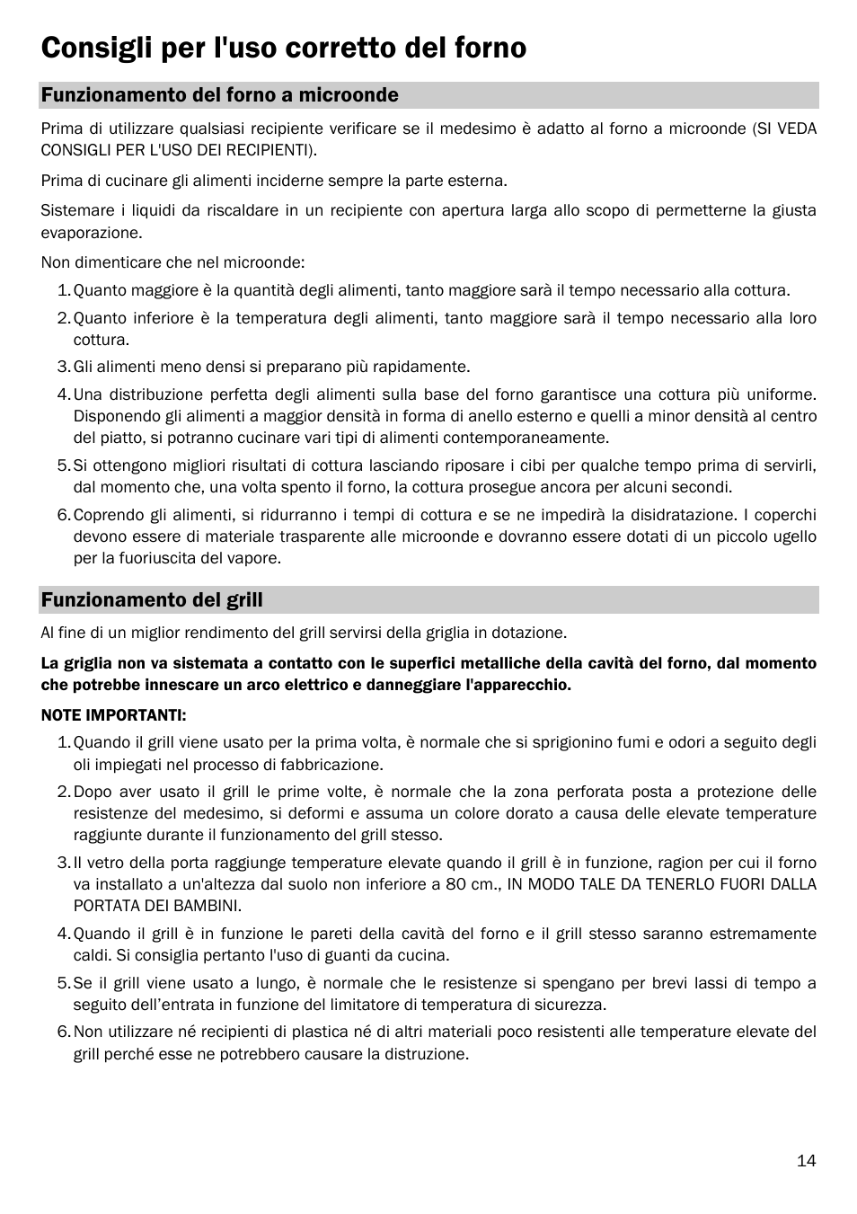 Consigli per l'uso corretto del forno, Funzionamento del forno a microonde, Funzionamento del grill | Smeg FME20EX1 User Manual | Page 88 / 155