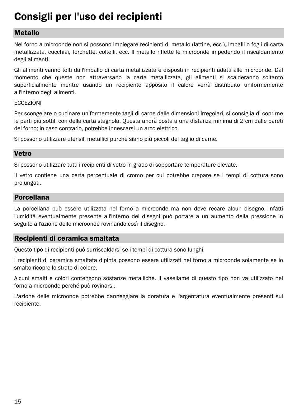 Consigli per l'uso dei recipienti | Smeg FME20EX1 User Manual | Page 89 / 155