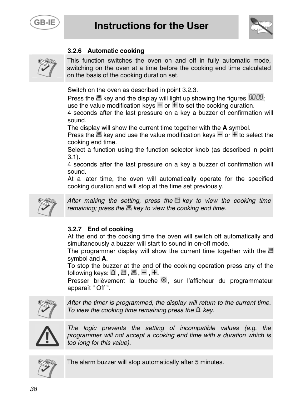 Instructions for the user, 6 automatic cooking, Key to view the cooking end time | Presser brièvement la touche, Sur l’afficheur du programmateur apparaît “ off | Smeg Electric Multifunction SE290X-6 User Manual | Page 11 / 25