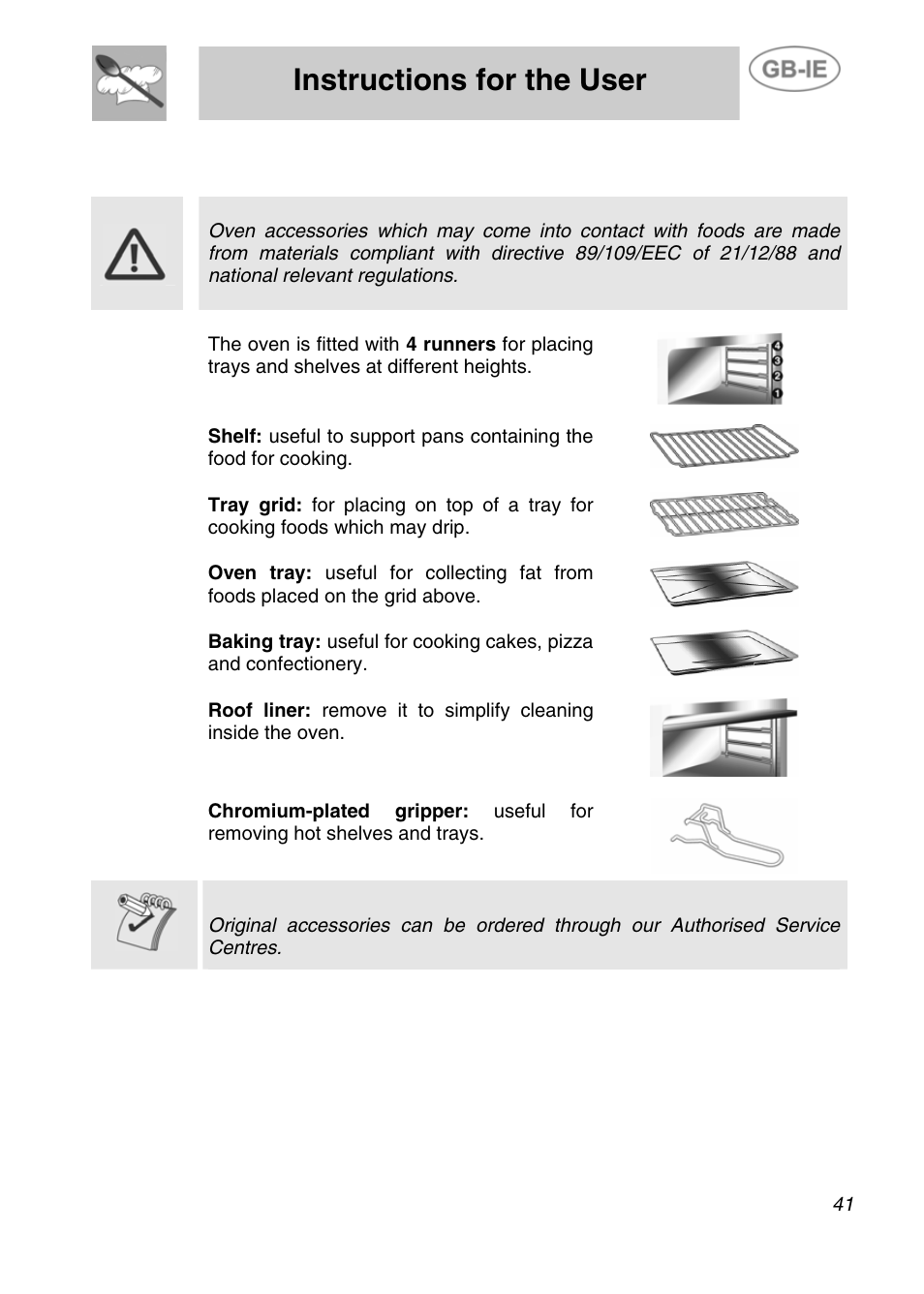 Instructions for the user, Accessories available | Smeg Electric Multifunction SE290X-6 User Manual | Page 14 / 25