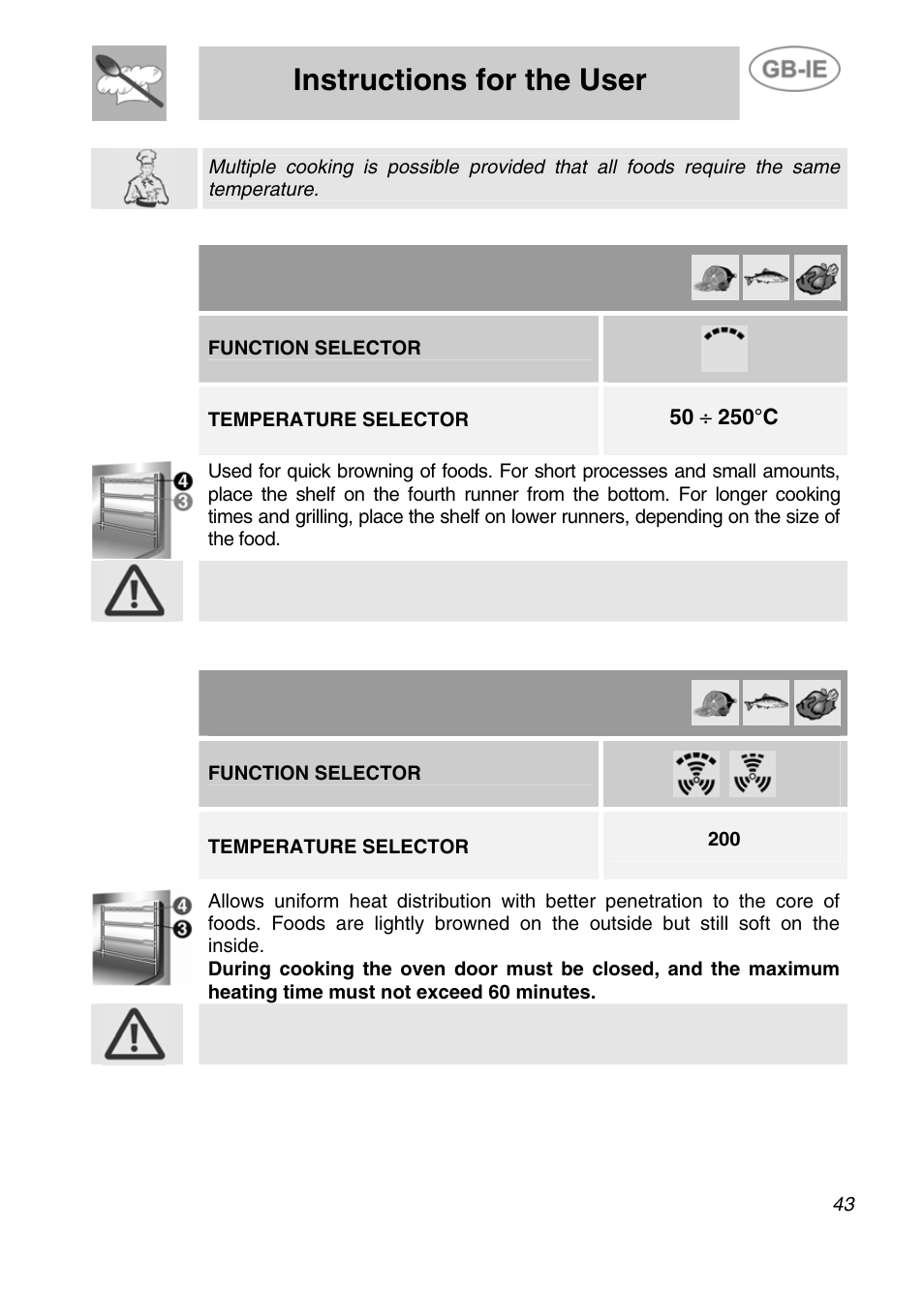 Instructions for the user, 3 grilling, 4 hot air grilling | Function selector, Temperature selector | Smeg Electric Multifunction SE290X-6 User Manual | Page 16 / 25