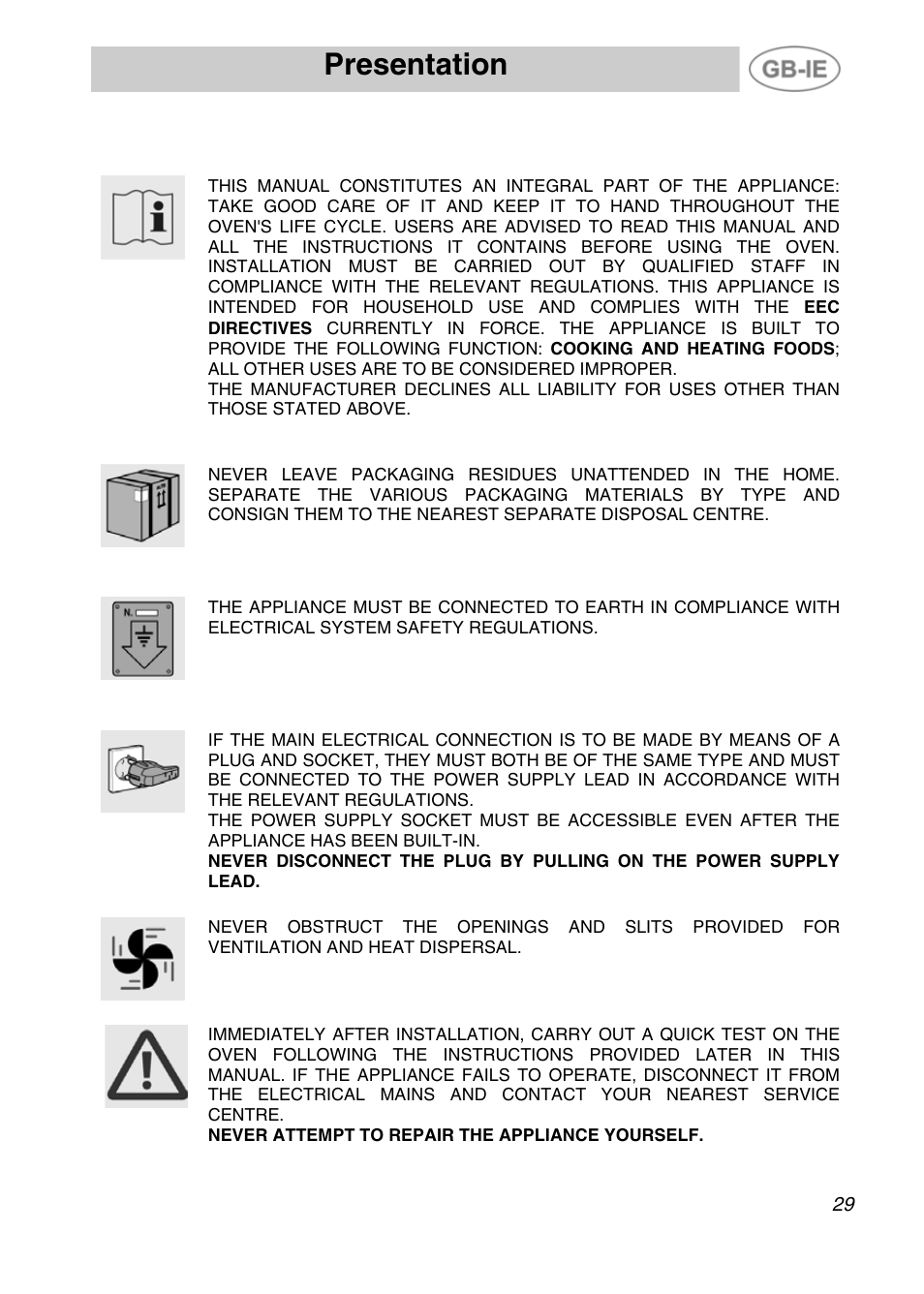 Presentation, Precautions for safety and use | Smeg Electric Multifunction SE290X-6 User Manual | Page 2 / 25