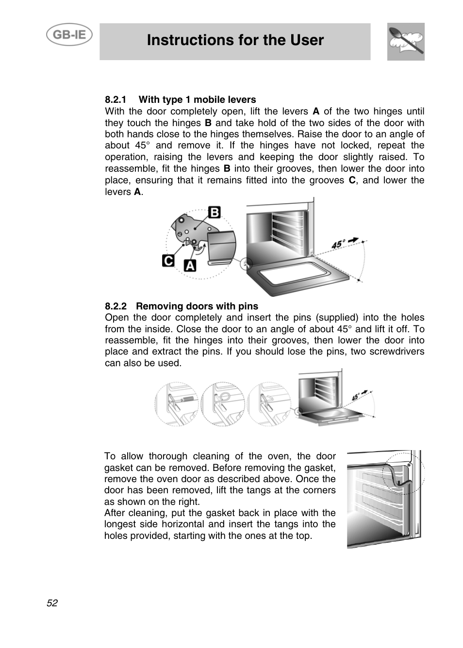 Instructions for the user, 2 removing the door, 3 oven door gasket | Smeg Electric Multifunction SE290X-6 User Manual | Page 25 / 25