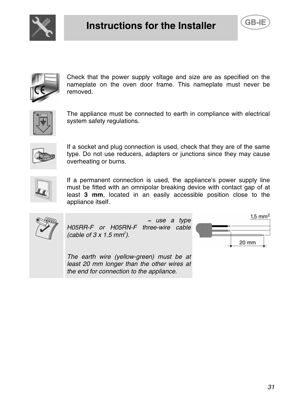 Instructions for the installer, Installation | Smeg Electric Multifunction SE290X-6 User Manual | Page 4 / 25