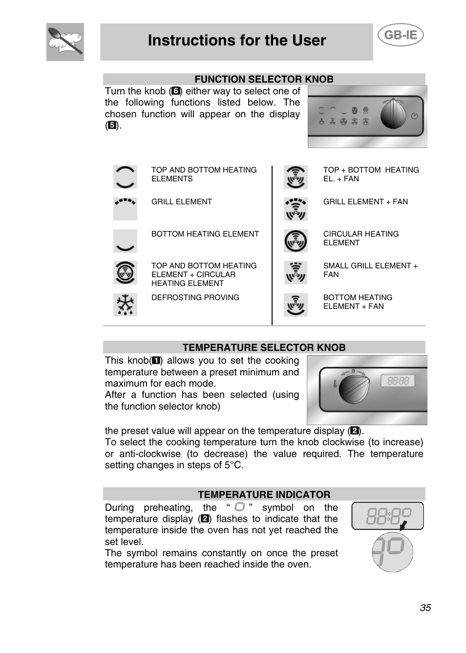 Instructions for the user, Temperature selector knob, Temperature indicator | Smeg Electric Multifunction SE290X-6 User Manual | Page 8 / 25