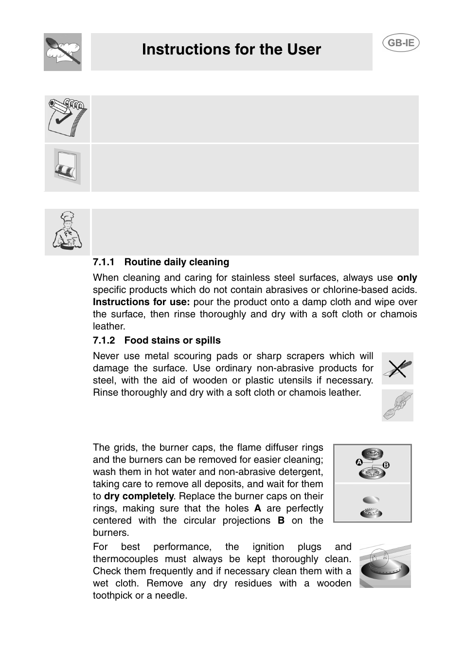 Cleaning and maintenance, 1 cleaning stainless steel, 1 routine daily cleaning | 2 food stains or spills, 2 cleaning the gas components, Instructions for the user | Smeg T18G8X2UG User Manual | Page 13 / 25