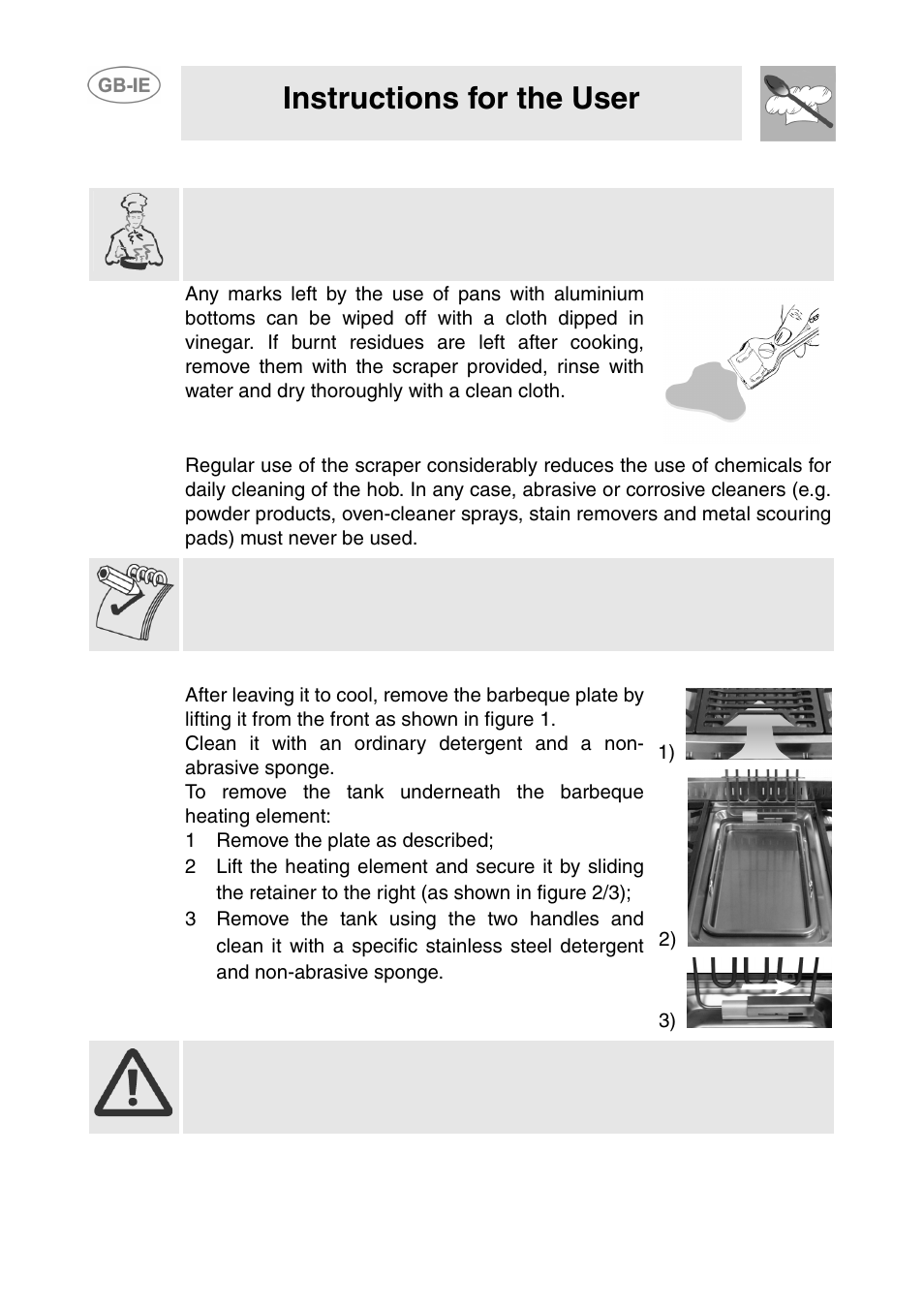 3 cleaning the ceramic hob, 4 cleaning the barbeque, 1 remove the plate as described | Instructions for the user | Smeg T18G8X2UG User Manual | Page 14 / 25