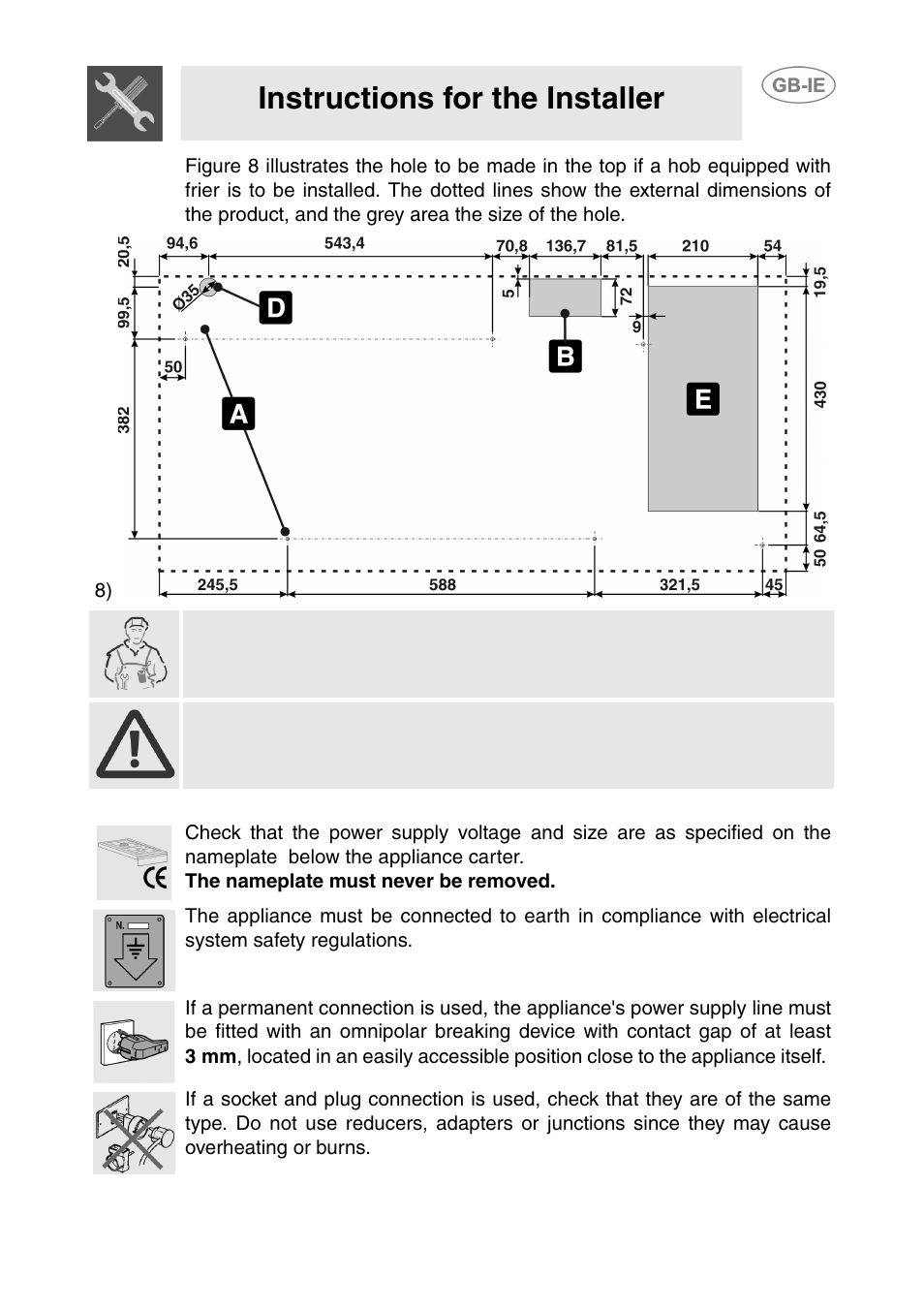 2 electrical connection, Instructions for the installer | Smeg T18G8X2UG User Manual | Page 19 / 25