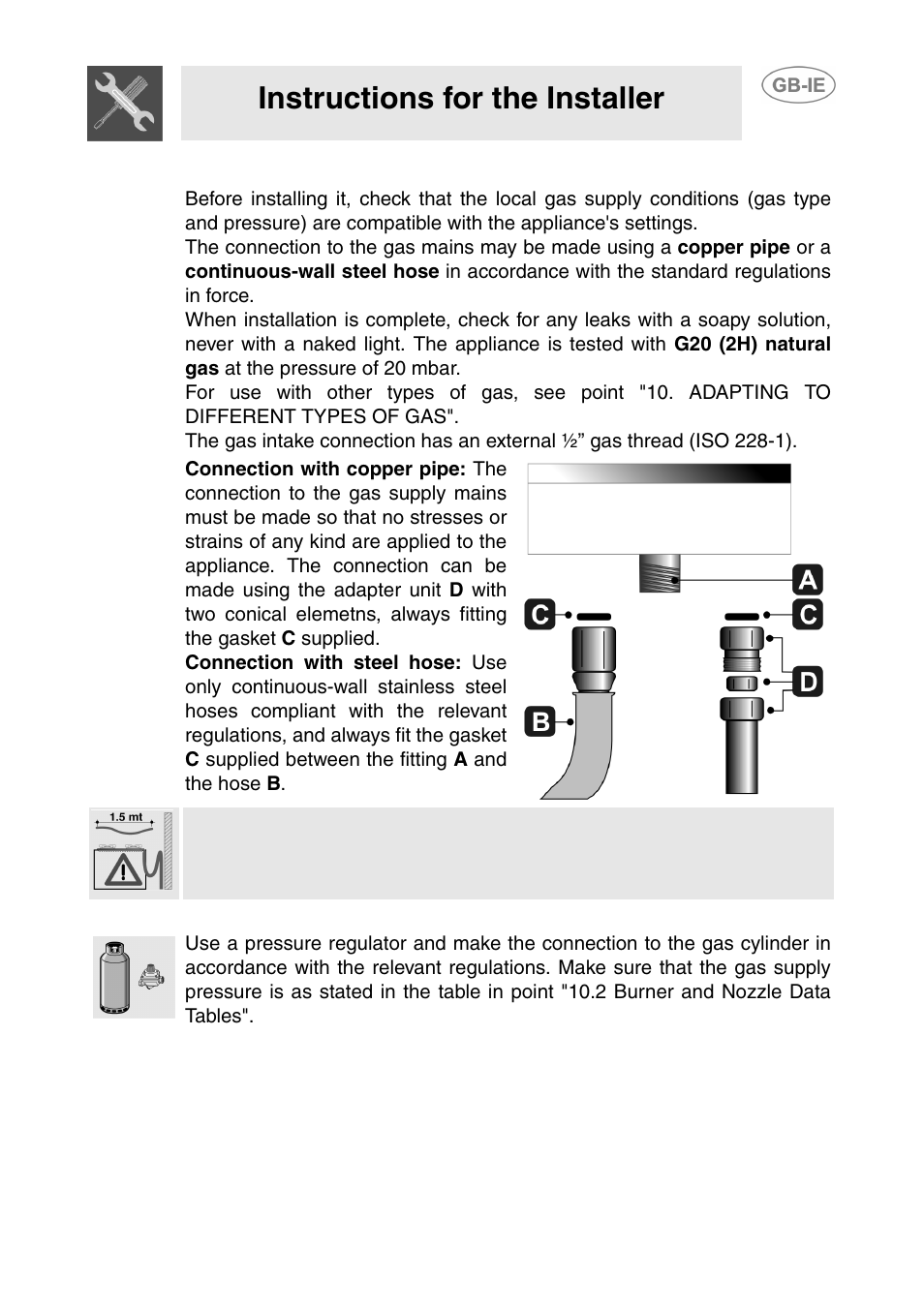 Gas connection, 1 bottled gas connection, Instructions for the installer | Smeg T18G8X2UG User Manual | Page 21 / 25