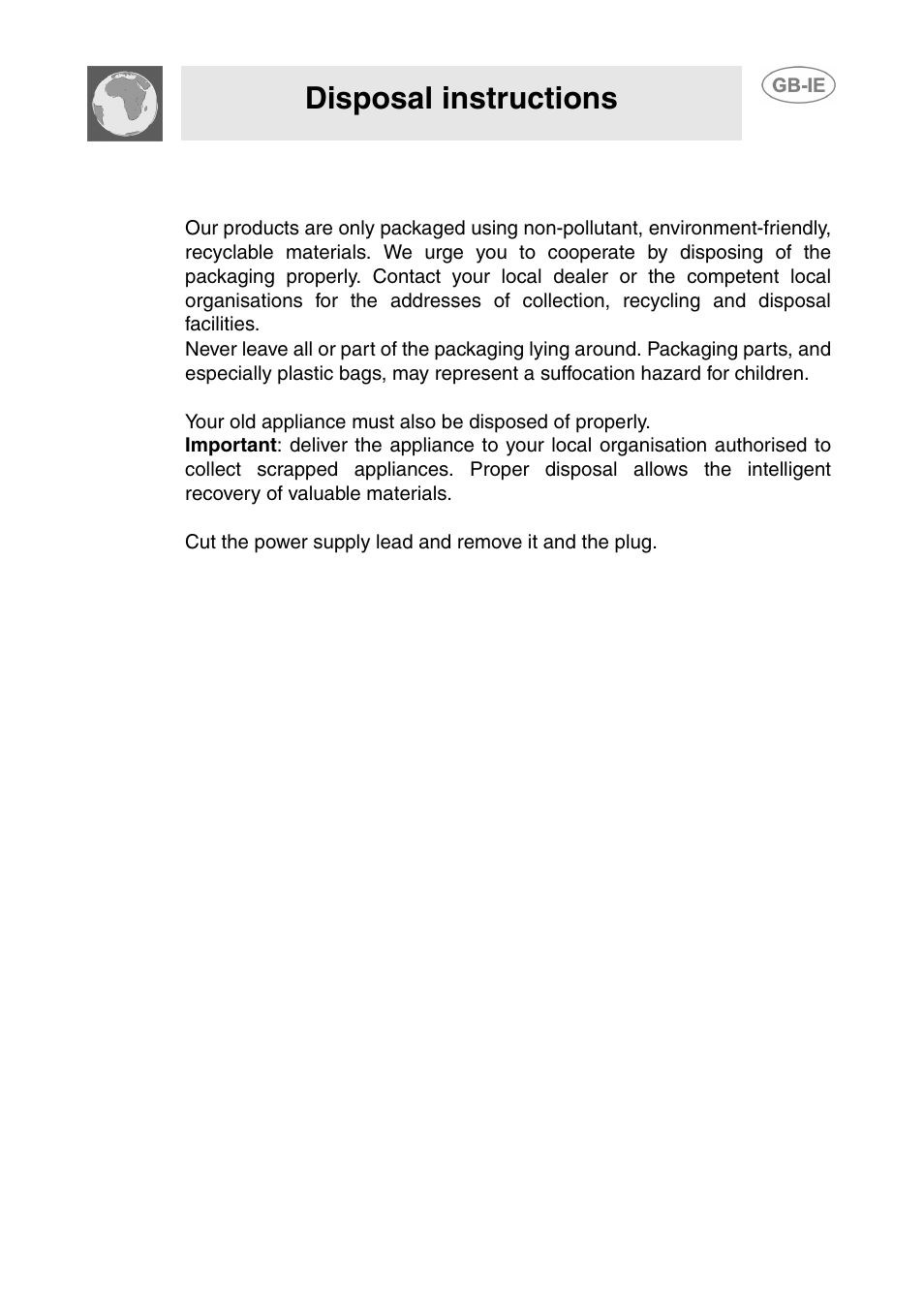 Disposal instructions - our environment policy, Disposal instructions | Smeg T18G8X2UG User Manual | Page 3 / 25