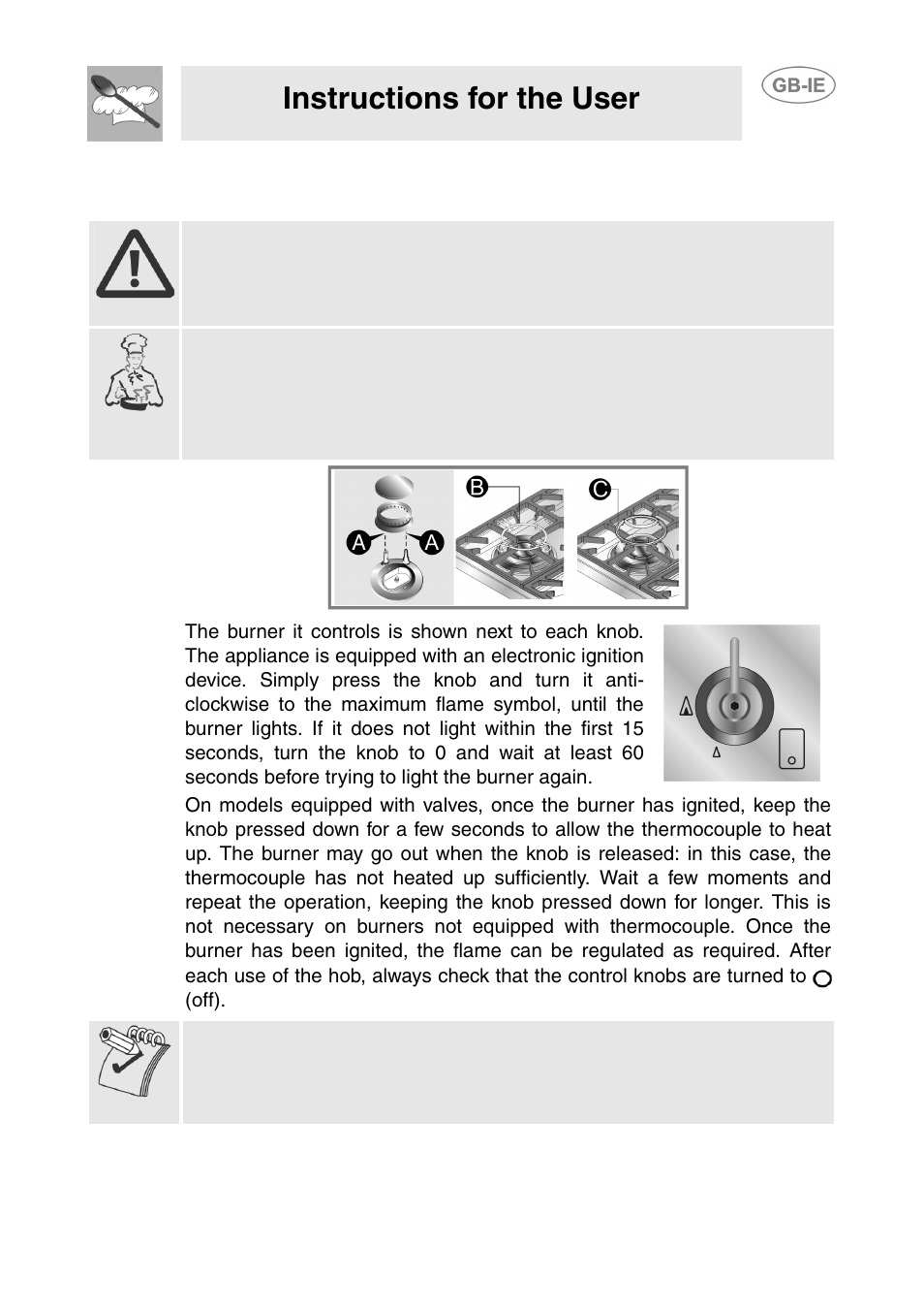 Using the hob, 1 gas hob, Instructions for the user | Smeg T18G8X2UG User Manual | Page 7 / 25