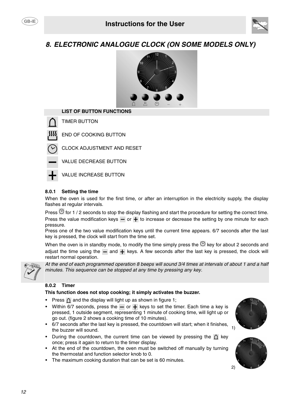 Electronic analogue clock (on some models only), 1 setting the time, 2 timer | Instructions for the user | Smeg SCA130P User Manual | Page 10 / 28