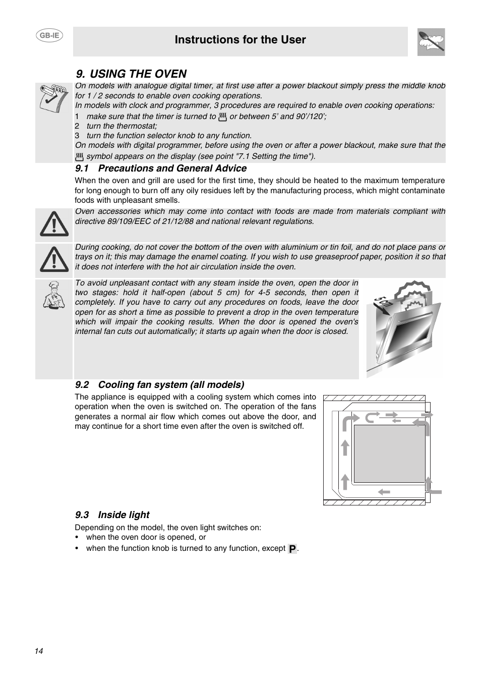 Using the oven, 2 turn the thermostat, 3 turn the function selector knob to any function | 1 precautions and general advice, 2 cooling fan system (all models), 3 inside light, Instructions for the user | Smeg SCA130P User Manual | Page 12 / 28