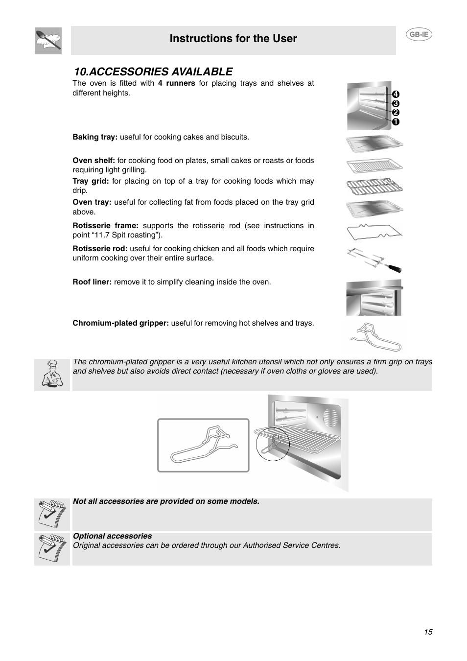 Accessories available, Instructions for the user | Smeg SCA130P User Manual | Page 13 / 28