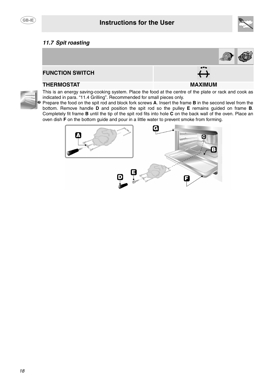 7 spit roasting, Instructions for the user | Smeg SCA130P User Manual | Page 16 / 28