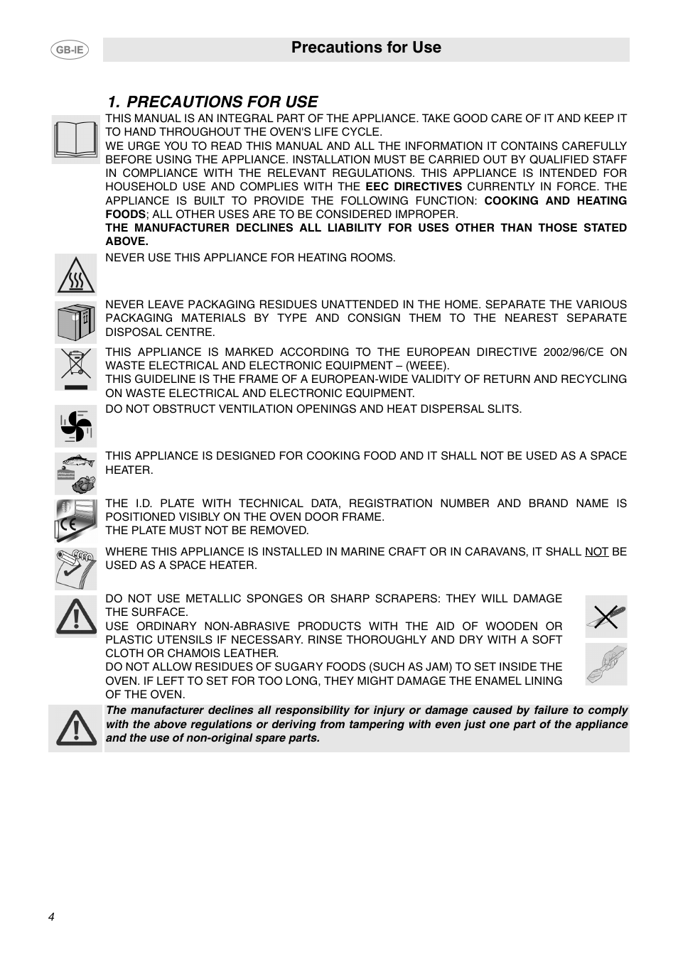 Precautions for use | Smeg SCA130P User Manual | Page 2 / 28