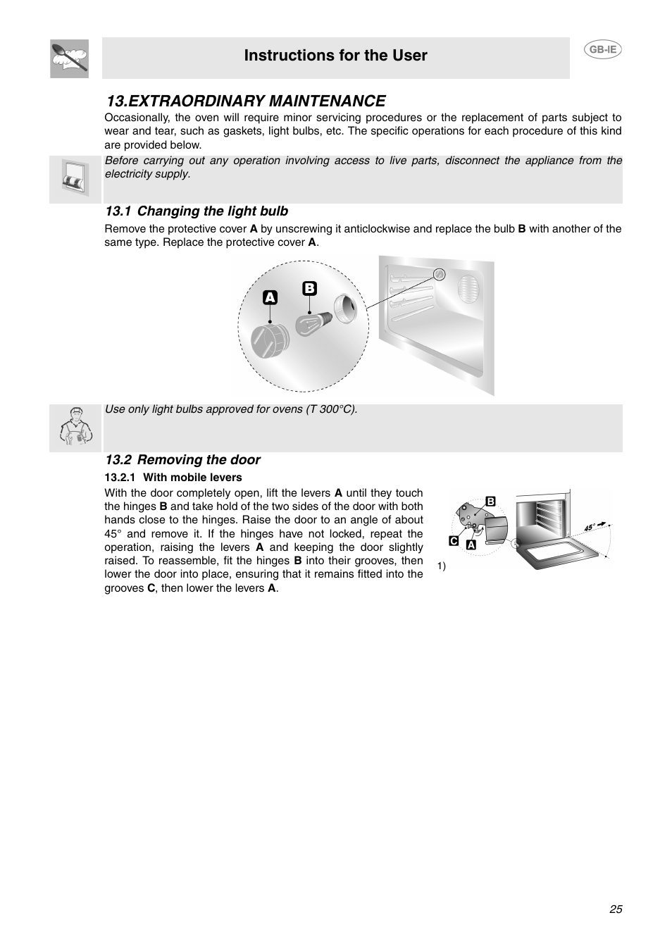 Extraordinary maintenance, 1 changing the light bulb, 2 removing the door | 1 with mobile levers, Instructions for the user | Smeg SCA130P User Manual | Page 23 / 28