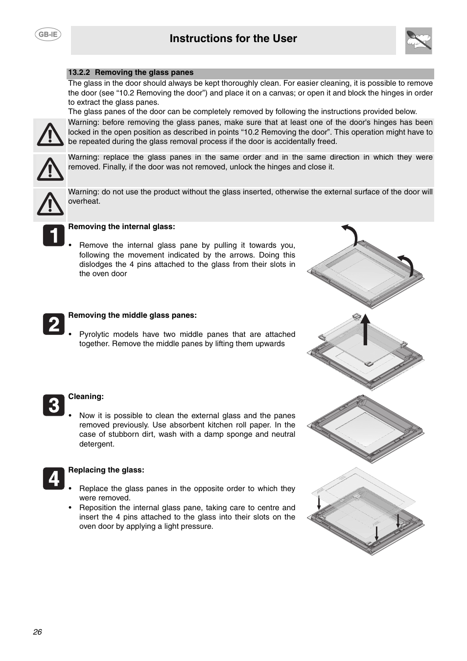 2 removing the glass panes, Instructions for the user | Smeg SCA130P User Manual | Page 24 / 28