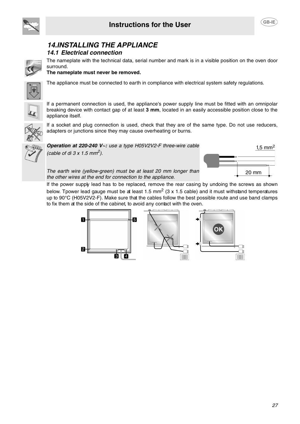 Installing the appliance, 1 electrical connection, Instructions for the user | Smeg SCA130P User Manual | Page 25 / 28