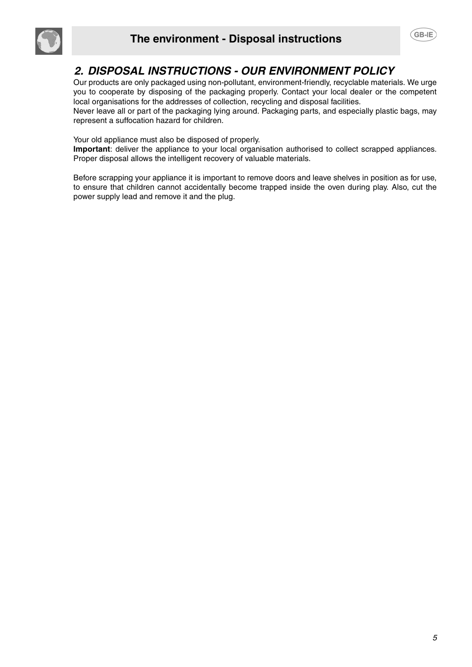 Disposal instructions - our environment policy, The environment - disposal instructions | Smeg SCA130P User Manual | Page 3 / 28