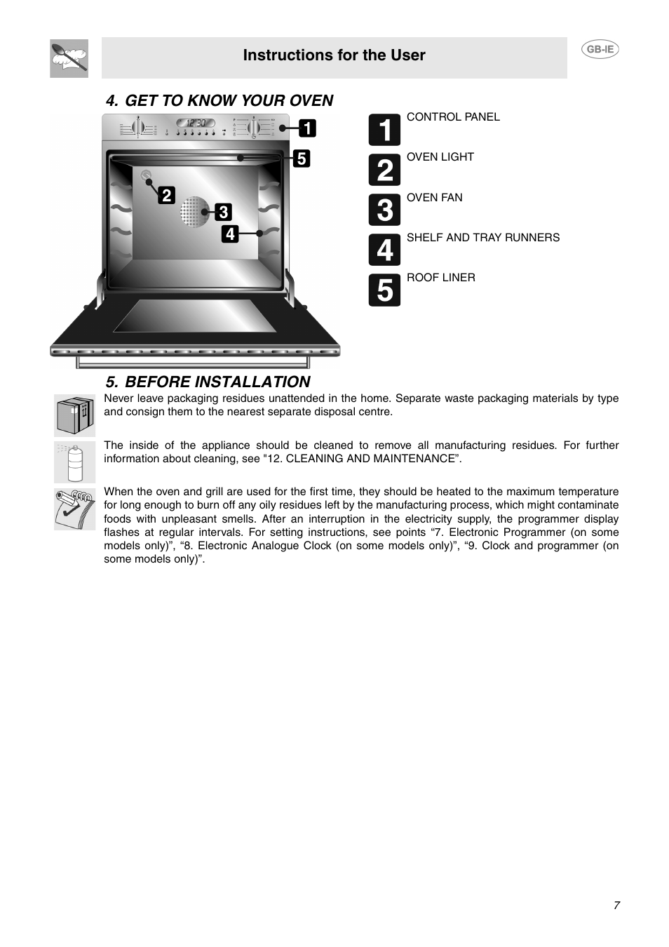 Get to know your oven, Before installation, Instructions for the user | Get to know your oven 5. before installation | Smeg SCA130P User Manual | Page 5 / 28