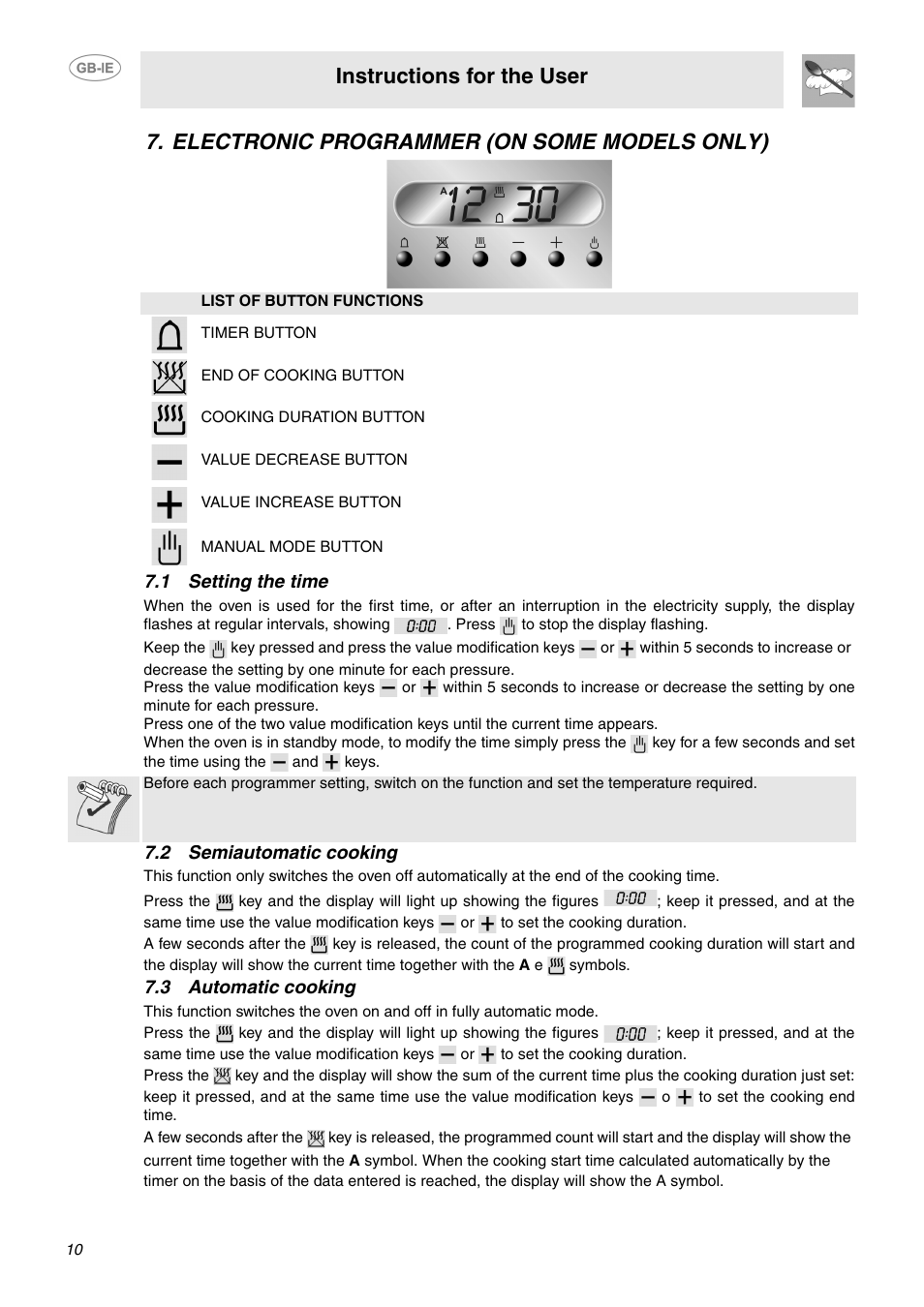 Electronic programmer (on some models only), 1 setting the time, 2 semiautomatic cooking | 3 automatic cooking, Instructions for the user | Smeg SCA130P User Manual | Page 8 / 28