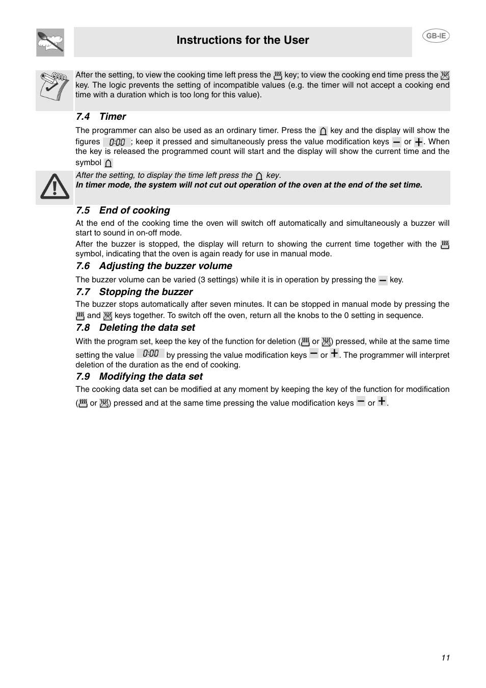 4 timer, 5 end of cooking, 6 adjusting the buzzer volume | 7 stopping the buzzer, 8 deleting the data set, 9 modifying the data set, Instructions for the user | Smeg SCA130P User Manual | Page 9 / 28