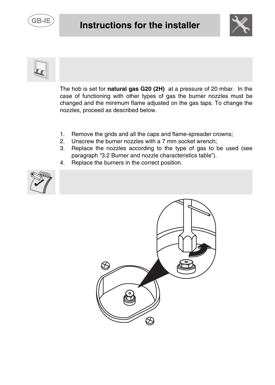 3 adjustment to different types of gas, 1 replacement of nozzles on the hob, Adjustment to different types of gas | Instructions for the installer, 3adjustment to different types of gas | Smeg PGF95K-3 User Manual | Page 10 / 16