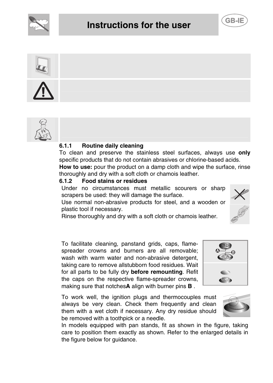 6 cleaning and maintenance, 1 cleaning the stainless steel, 1 routine daily cleaning | 2 food stains or residues, 2 cleaning of cooking hob components, Cleaning and maintenance, Instructions for the user, 6cleaning and maintenance | Smeg PGF95K-3 User Manual | Page 15 / 16