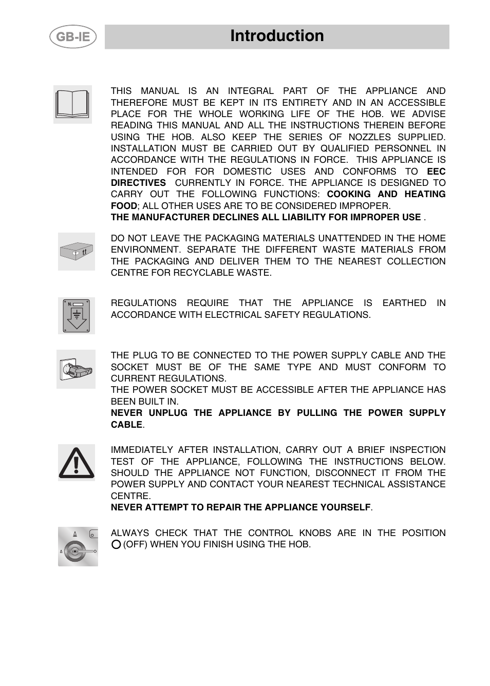 1 instructions for safe and proper use, Instructions for safe and proper use, Introduction | 1instructions for safe and proper use | Smeg PGF95K-3 User Manual | Page 2 / 16