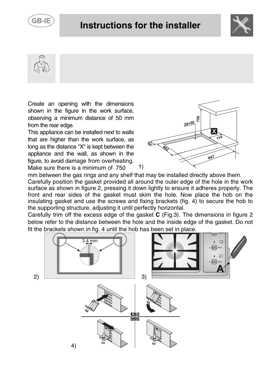 2 positioning of the hob, Positioning of the hob, Instructions for the installer | 2positioning of the hob | Smeg PGF95K-3 User Manual | Page 4 / 16