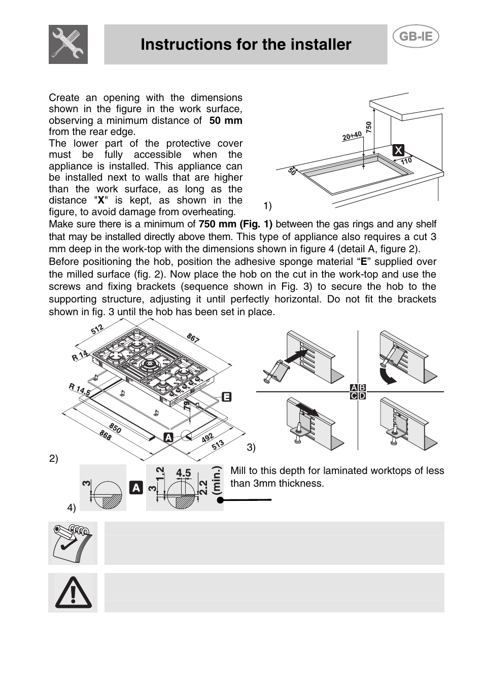 Instructions for the installer | Smeg PGF95K-3 User Manual | Page 5 / 16