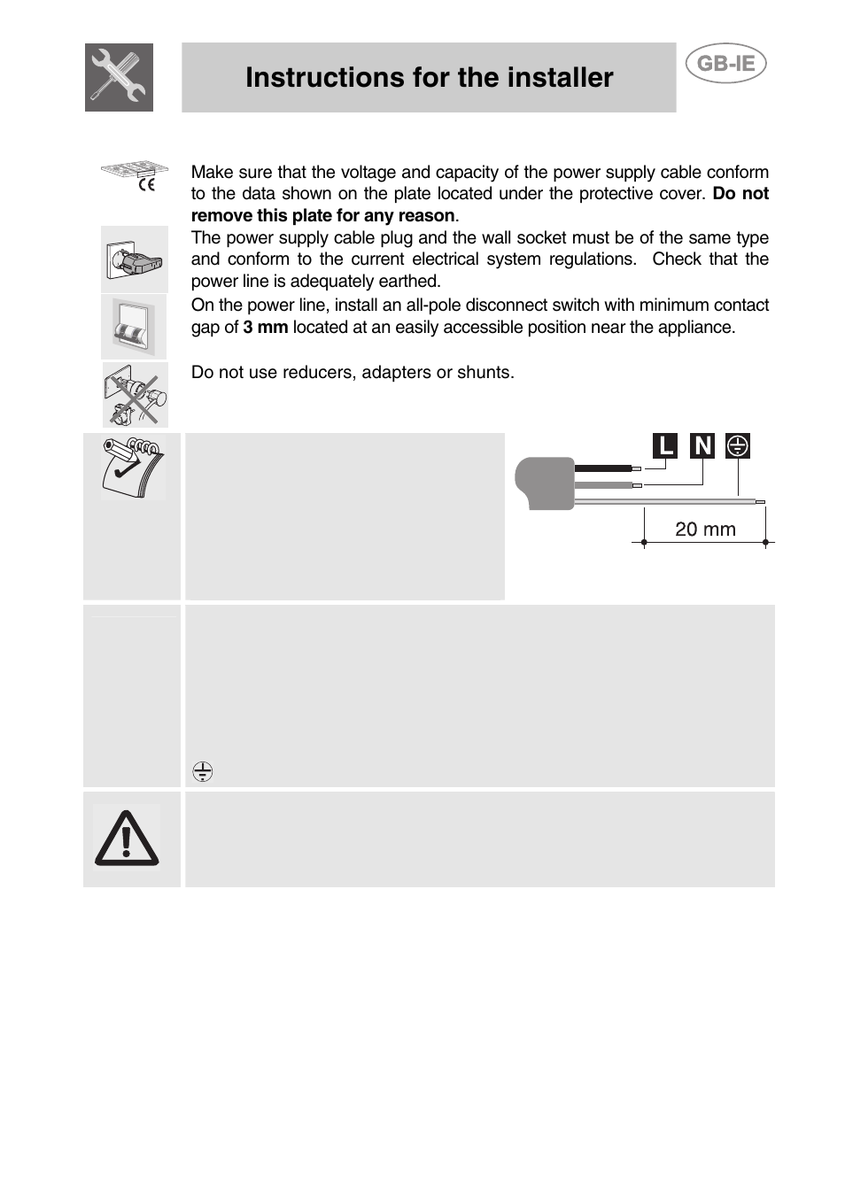 3 electrical connection, Instructions for the installer | Smeg PGF95K-3 User Manual | Page 7 / 16